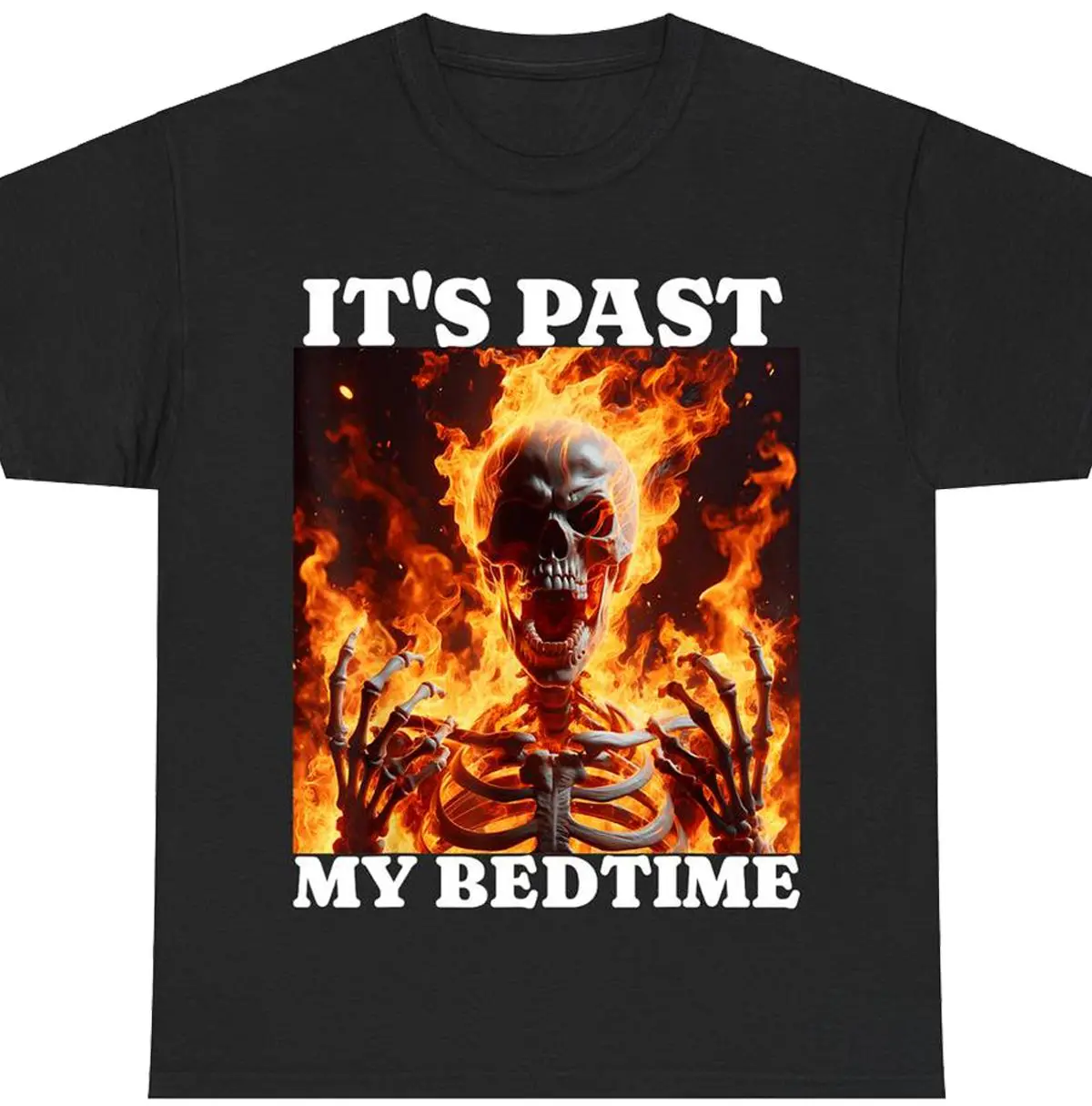 Streetwear Skeleton Graphic Tshirt for Men, Oversized Casual Round Neck Top with "It's Past My Bedtime" Quote in Soft Fabric, Print, Cotton