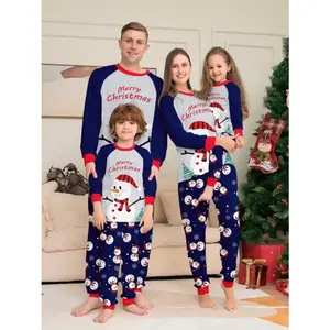 Family Christmas Pajamas Set for Men Women Kids, Blue Cartoon Santa Hat Scarf Snowman Print Shirt Pants, Holiday Sleepwear
