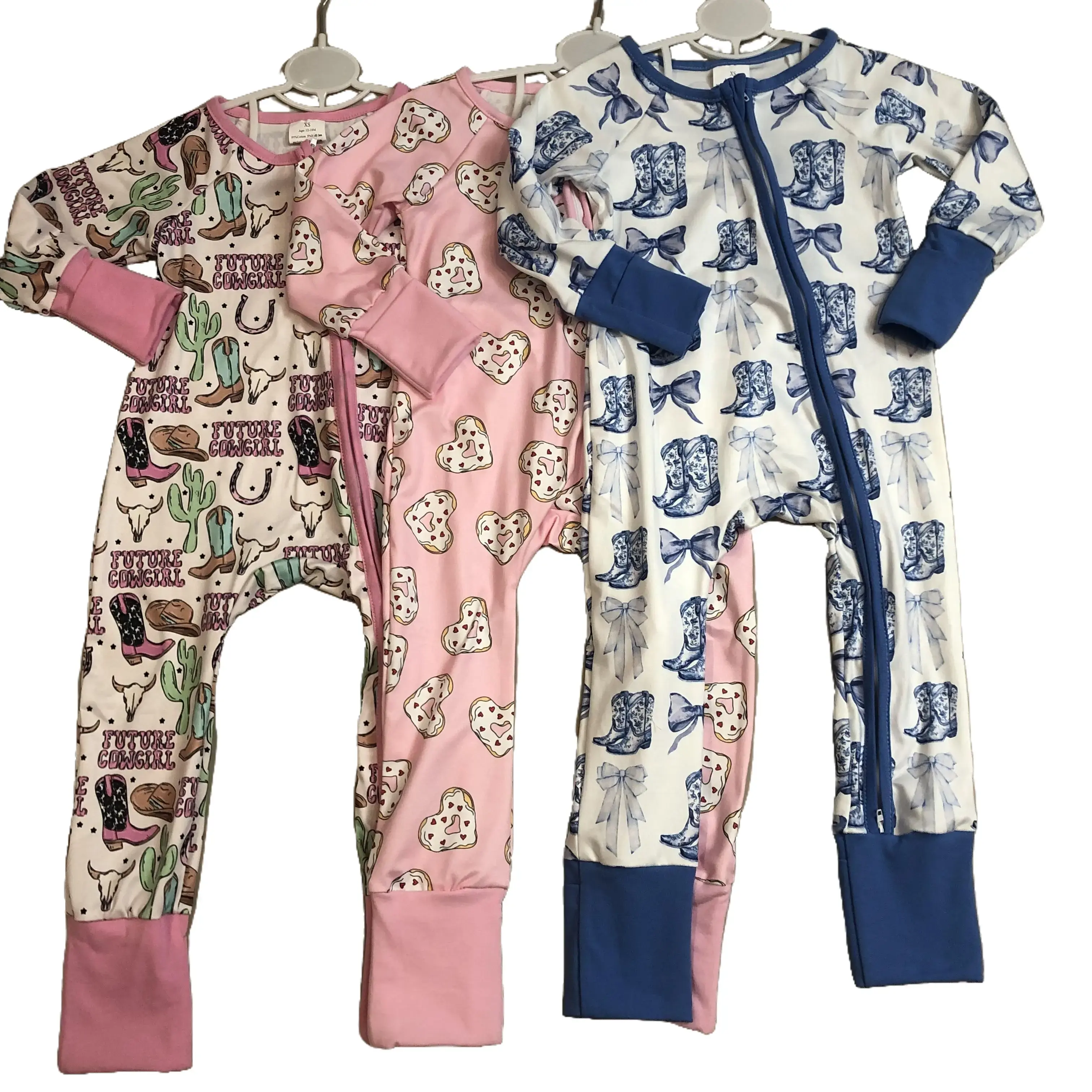 Baby Girls Cow Print Cotton Footie Romper with Headband - Western-Style Long Sleeve Ruffle Zip-Up Bodysuit, Crew Neck Button, Chain Accent, Cute Plain Raw Hem Newborn Outfits, 2T Baby Clothing