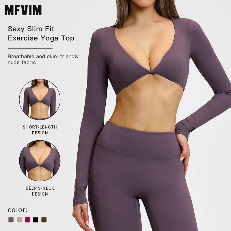 MFVIM Women’s Long Sleeve V-Neck Nylon Blend Quick Dry Workout Top - Breathable Lightweight Athletic Apparel, Gym Pilates Activewear, Workout Clothes, All-Season Sportswear, Athletic Apparel Tops