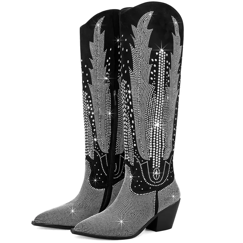 RONILURN Women's Knee High Western Cowboy Boots - Rhinestone Bling, Pointed Toe, Chunky Heel, Pull-On Footwear with Zip, Casual Rubber-Soled, Black Fashion Shoes for Women, Cowgirl and Outlaw Style, All Seasons Back to School Footwear