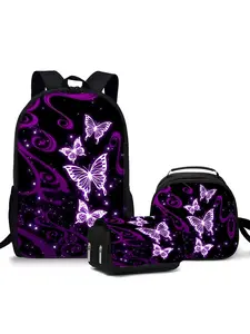 17-inch purple butterfly pattern printed backpack three-piece set (single-layer backpack + shoulder strap round lunch bag + flip-top pencil case) School Backpack Trendy Backpack