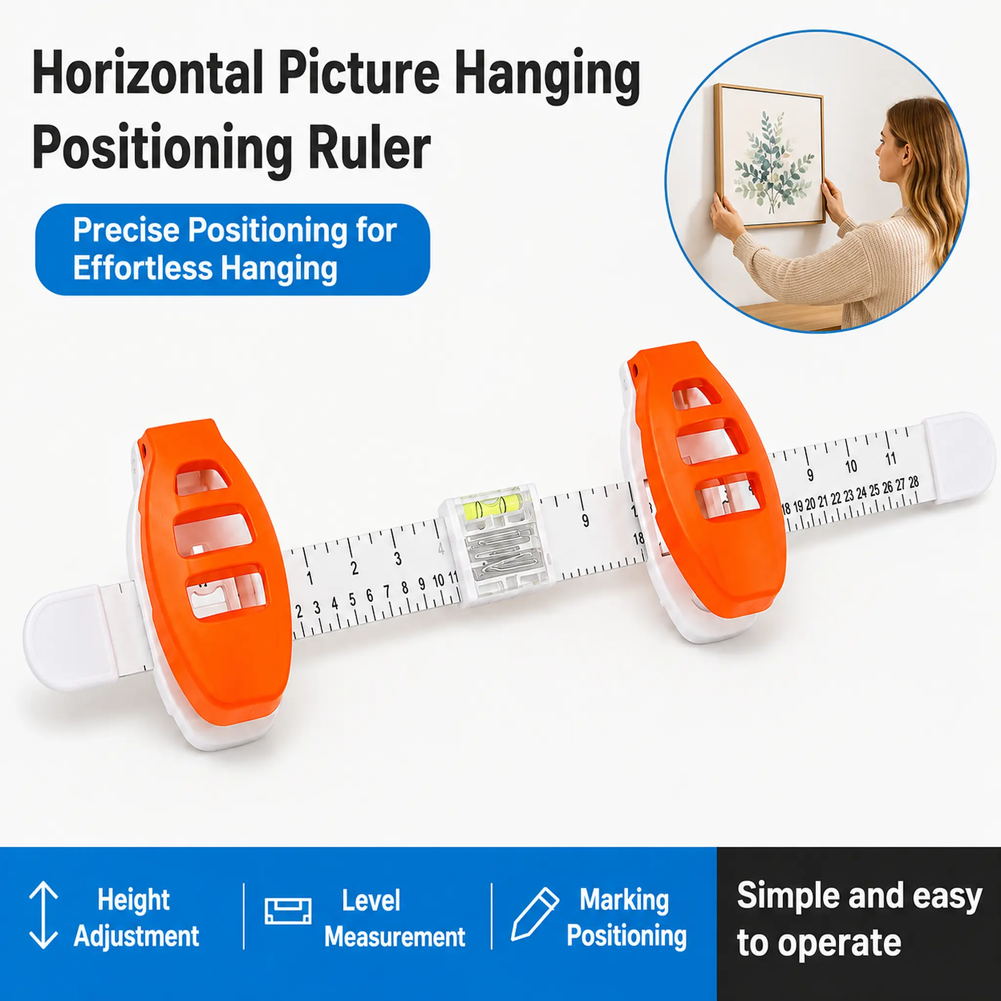 3-in-1 Household Picture Hanging Tool - Built-In Level, Precision Alignment Ruler, Durable Lightweight ABS DIY Home Decor Hanger for Frames, Mirrors, Wall Mount on Most Common Surfaces (Home & Party Gift Supplies), Most Common Wall Surfaces