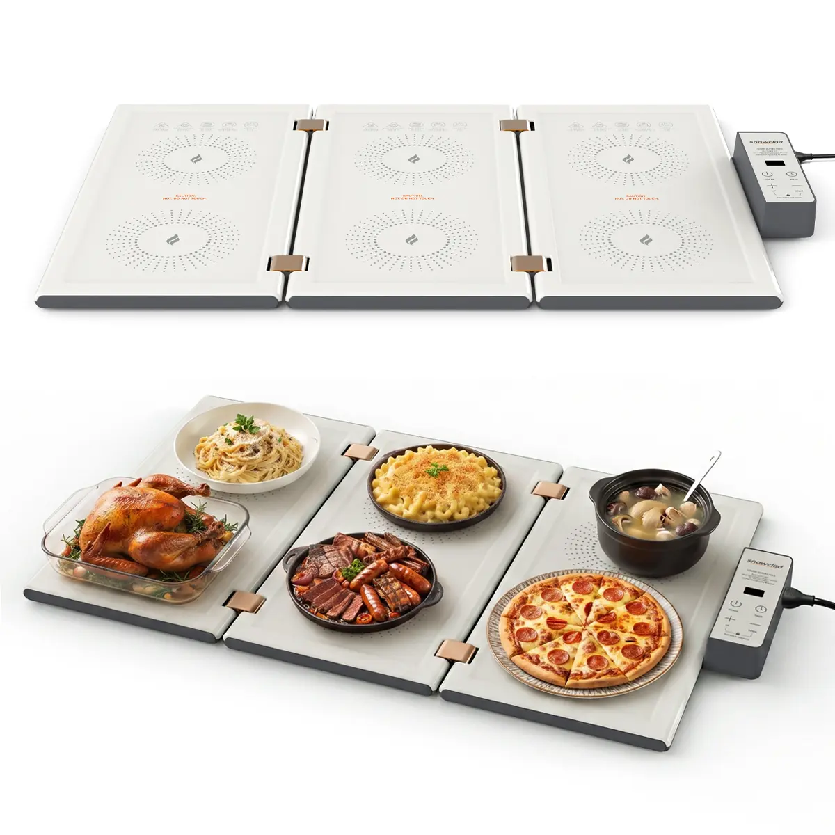 SNOWCLAD Foldable Rectangular Electric Food Warming Tray - 25x15in Large Area, 9-Setting Temperature Control (80°F-248°F), Easy-Clean Oil-Resistant Metal Surface, Compatible with Glass/Ceramic/Metal Serveware for Parties