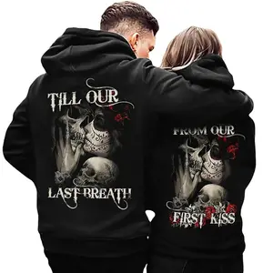 Skull And Rose Couple Hoodie, From Our First Kiss Till Our Last Breath Shirt, Casual Fleece Fabric Pullover for Women for Men, Perfect Gift Classic Menswear Cotton Spandex, Gift for Husband, Wife