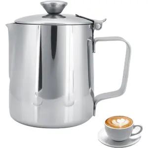 Milk Frothing Pitcher Jug, 33.82oz Milk Frother Cup with Lid, Stainless Steel Coffee Creamer Container Dispenser Cup Mug Milk Steaming Pitcher for Latte Coffee Art (1000ML)