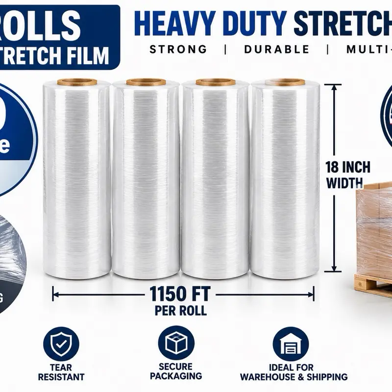 Heavy Duty Clear Stretch Film, 80 Gauge, 4 Rolls, 1150 ft Each, Pallet Wrap