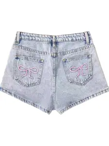 Girls 2026 New Y2K Style Pink Bow Washed Denim Above Knee Chic Shorts Hot Sale For Spring Summer Back To School