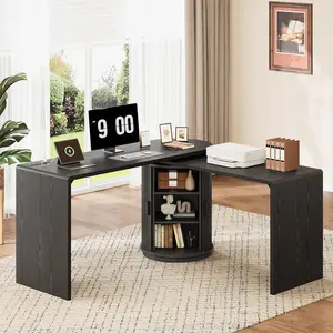 ONBRILL 60-Inch L-Shaped Tech-Integrated Computer Workstation with Power Outlets, 360° Rotatable Swivel Corner Desk with Storage, Fluted Home Office Table (Rotatable, Swivel Workstations), Rotatable Computer Workstations, Swivel Computer Workstations