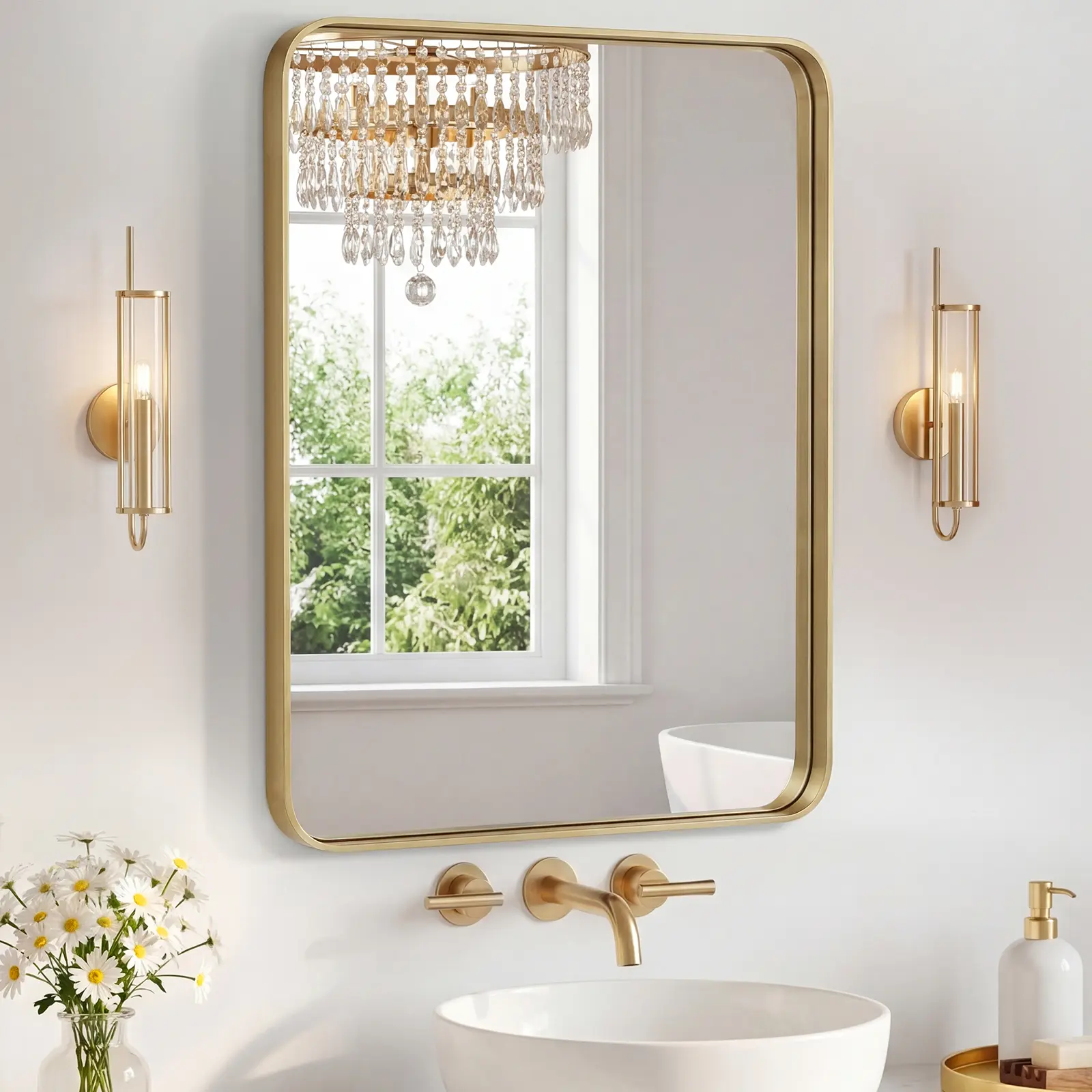 Bathroom Mirror Metal Framed Rounded Rectangle Vanity Mirror for Wall, Over Sink, Farmhouse, Restroom, Anti-Rust, Modern Decorative, Horizontal or Vertical Hanging