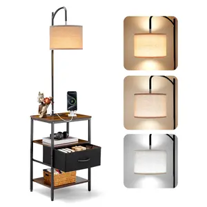 【Summervibes】VEVOR Floor Lamp with Table, 3-Tier End Table with Drawer and 3 Color Temperature Lighting, Modern Side Nightstand Bedside Desk with USB & Type C & AC Charging Port for Living Room, Bedroom, Dorm
