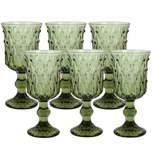 6 Pack Embossed Vintage Wine Glass Stemmed Drinking Glass Highball Glass Wine Goblet Drinking Glassware (Green)