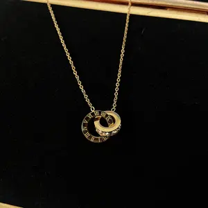 Roman numeral double ring necklace for women, gold pendant, minimalist luxury clavicle chain