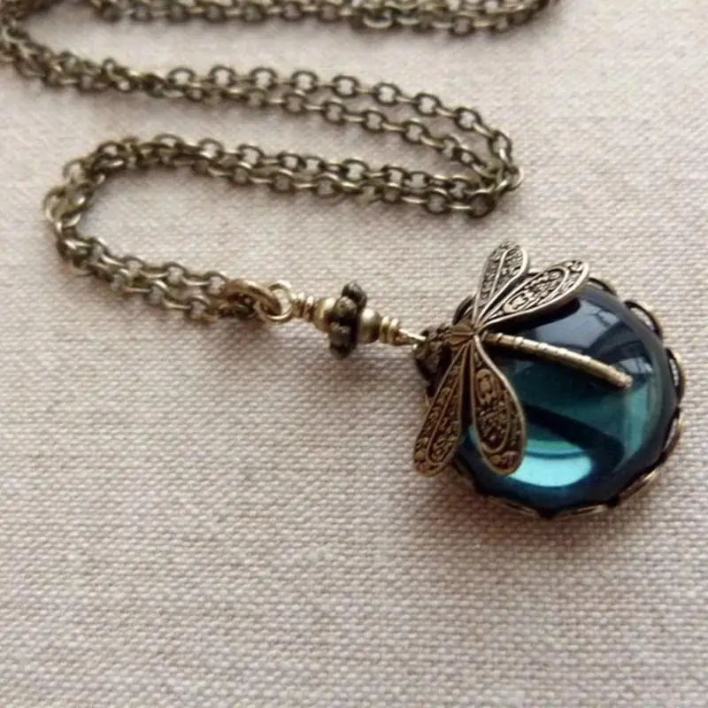Women's Vintage Bronze Hand-Carved Dragonfly Motif Pendant Necklace - Alloy Metals Base with Silver-Tone Round Gemstone, Costume Jewelry for Cocktail Party Events