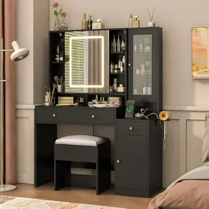 mother's day gift，Black Vanity Desk with Sliding Mirror & Lights, Vanity Table Makeup Desk with Charging Station 2 Drawers 2 Doors, Lots Storage Shelves, Large Vanity Set with Cushioned Stool, Black.White，TikTok campaign，