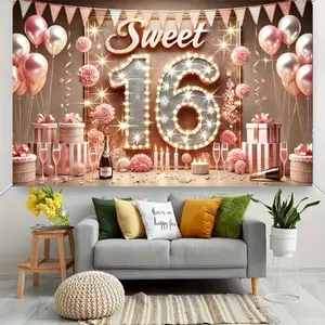 Sweet 16 Birthday Party Banner Decoration Backdrop, 1 Count 16th Birthday Celebrations Backdrop, Home Kitchen Event Backdrop, Ornaments