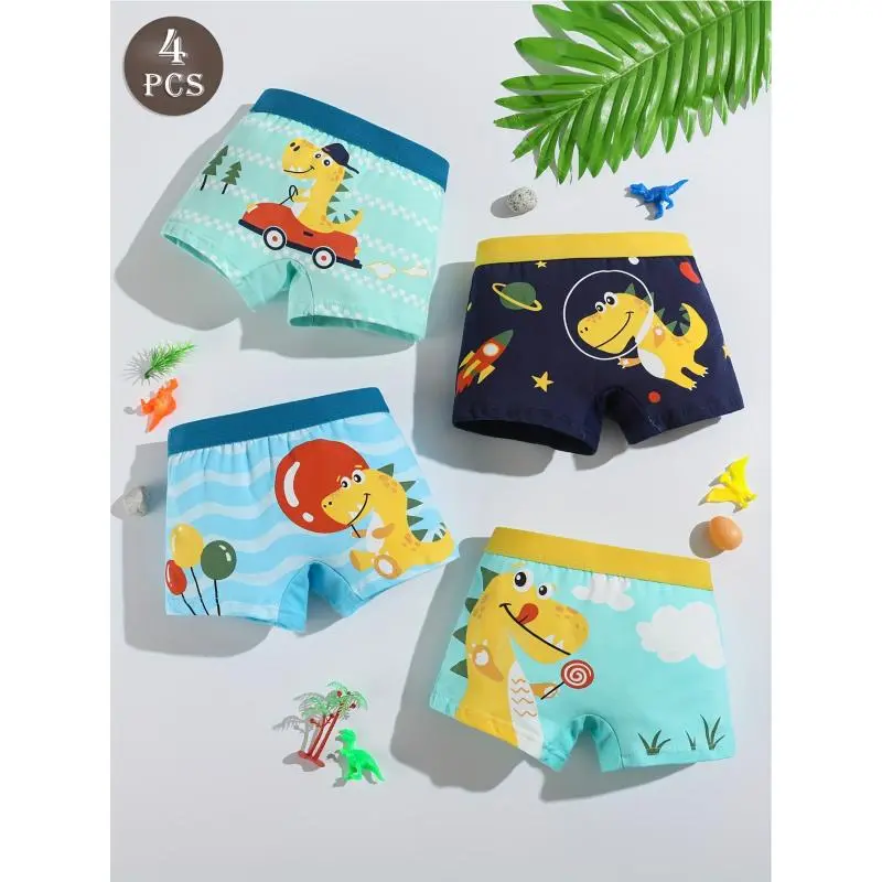Four-pack of boys' pure cotton boxer briefs, made of soft, breathable, skin-friendly fabric, with fun dinosaur and car cartoon prints, comfortable daily home wear and not prone to sweating