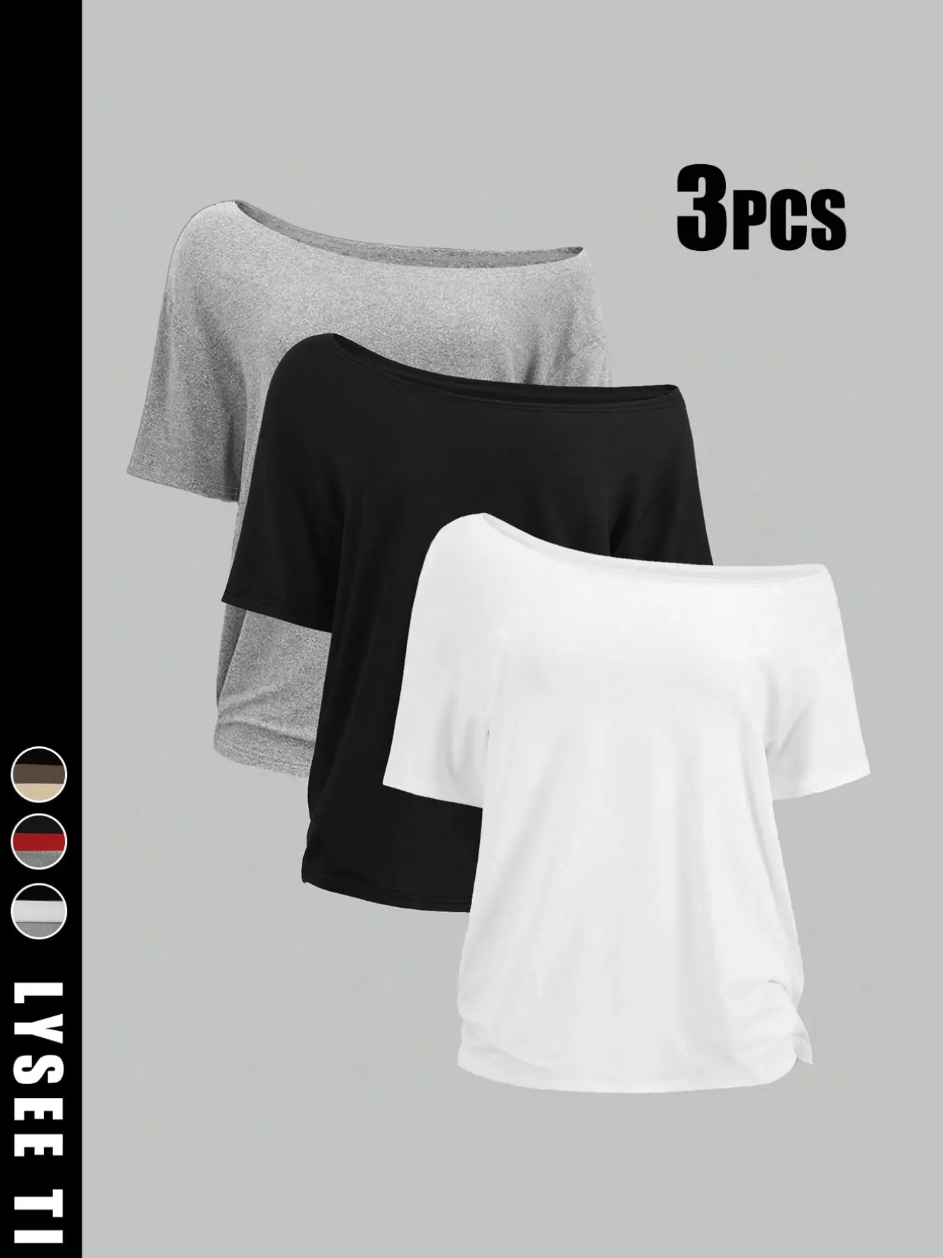 3PCS Plus-Size Women's Fashion Casual Simple Black, White, and Gray Solid Color Off-Shoulder T-Shirt Top Set