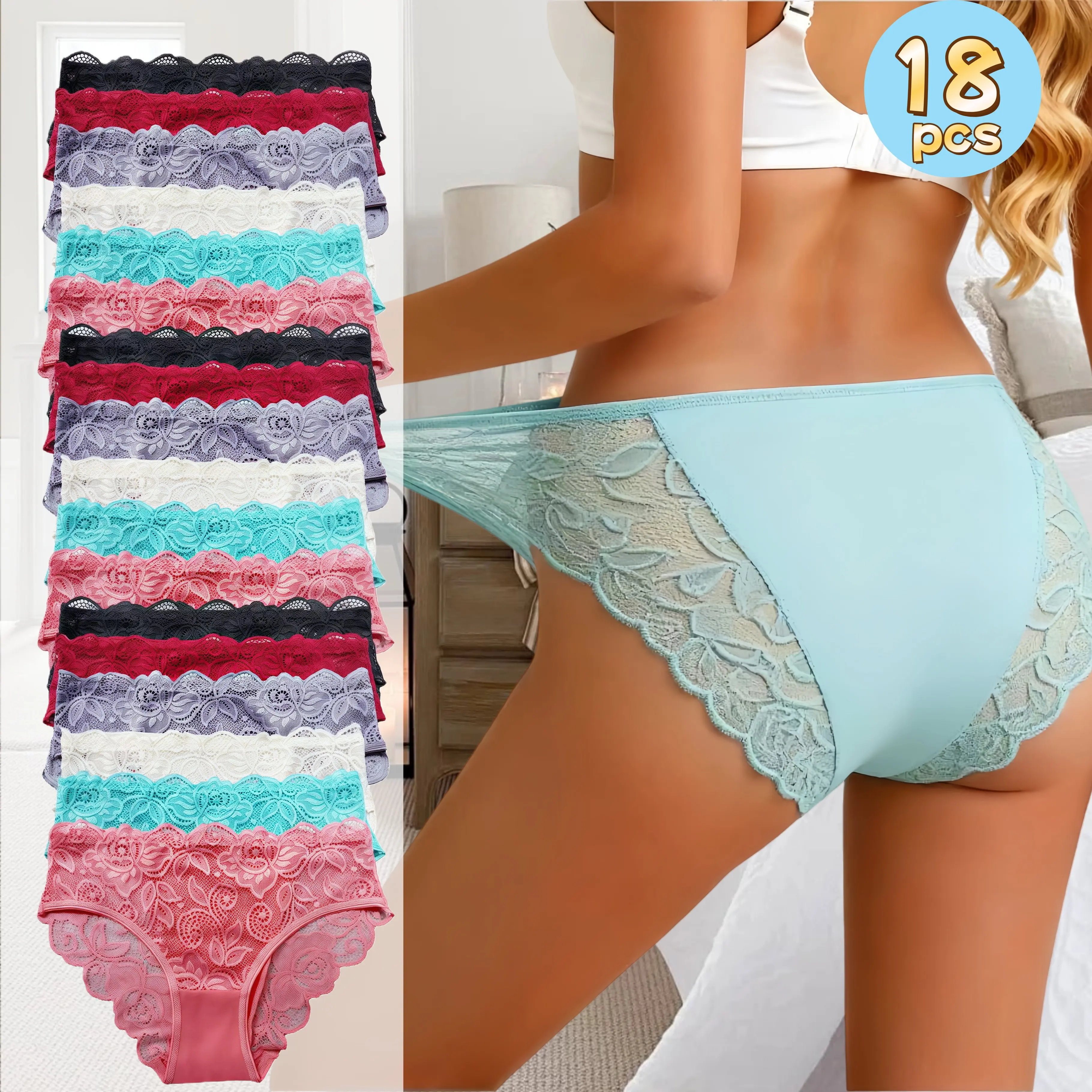 H  18pcs Women's Lace Panties: Sexy, 3D floral cut, wave edges, semi-transparent, mid-waist, minimalist, cute & comfortable, plus sizes, full size range. Womenswear Pastel Breathable Knicker underwear for women