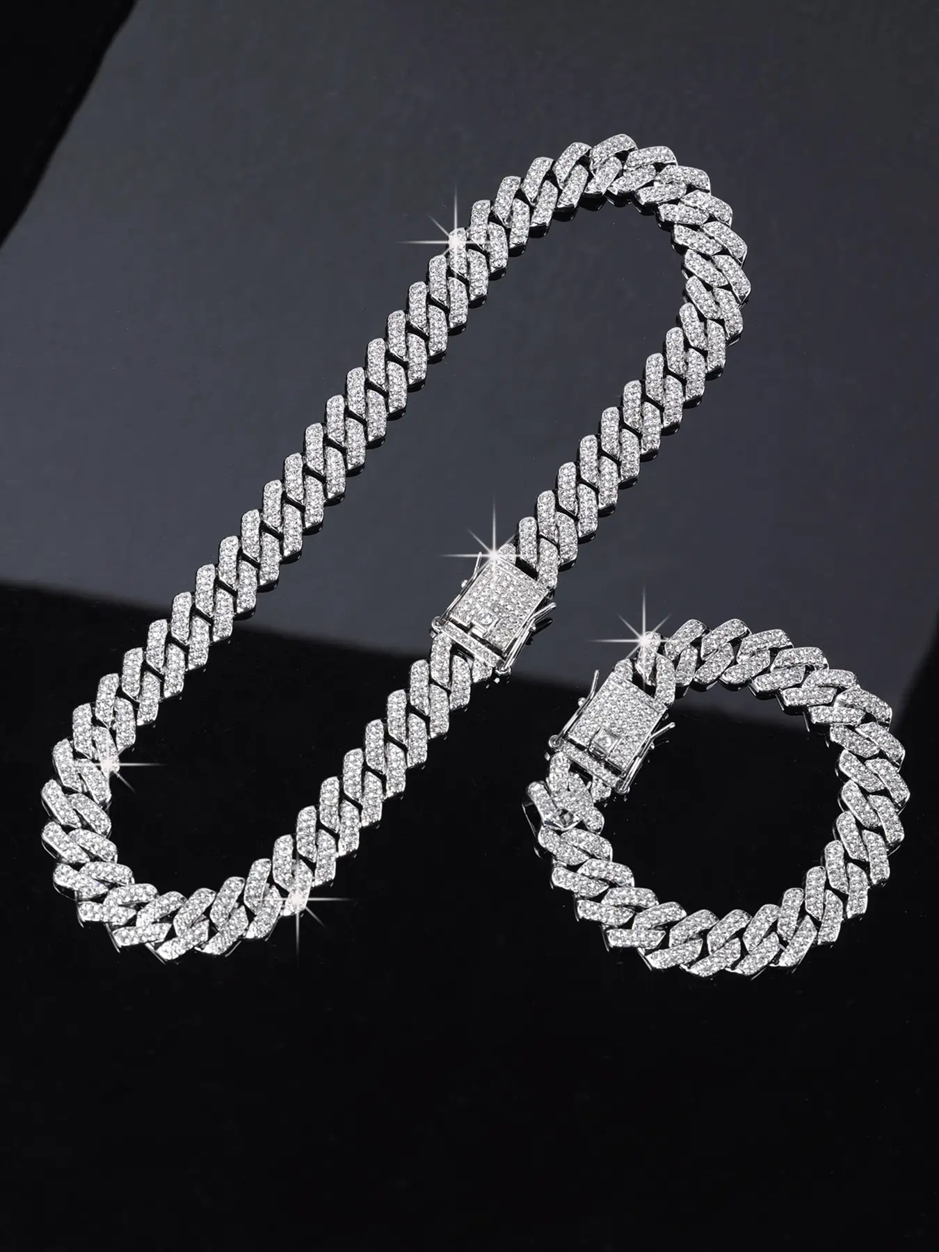 2-Piece Iced Out Cuban Link Jewelry Set (Necklace & Bracelet) – Blinged Out Durable Bold Hip-Hop Bling Style, Guys' Jewelry, Men's Jewelry,Rapper's Jewelry,Perfect for Streetwear, Nightclubs, Daily Wear & Hip-Hop Culture Gifting, Jewellery Gift Set