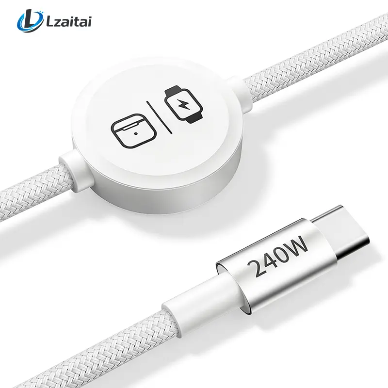 Travel Charging Cable for Apple Watch and AirPods, 2-in-1 Built-In Magnetic Charger with Up to 240W USB-C to USB-C Cord, 5FT Braided Cable for iPhone, iPad, MacBook, Samsung, Laptops and Tablets