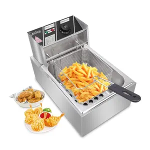 Electric Deep Fryer 6L Stainless Steel Single Tank Commercial Fryer with Basket, 2500W 110V Countertop Deep Fryer for Home and Restaurant Use with Lid & Temperature Control