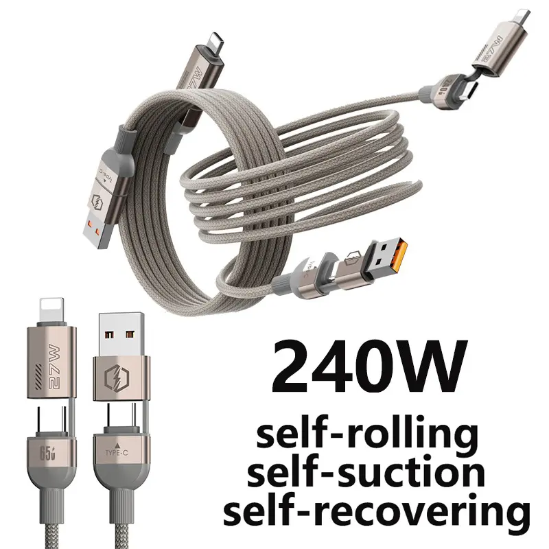 240W USB C Fast Charging Adapter Set with Automatic Folding & Storage, 3.3FT Aluminium 4-in-1 USB A-C Data Sync Cable, Magnetic Port for Mobile/Cellphone/Smartphone Electronic Devices