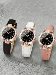 3pcs new women's fashionable and elegant round pointer PU leather quartz watch combination set