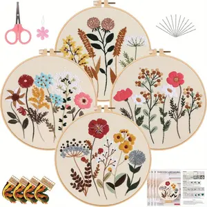 4 pcs floral embroidery set with patterns, instructions, threads and needles, suitable for beginners and adults cross stitch set