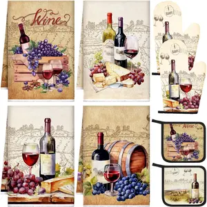 8 Kitchen Towel Pot Holders and Oven Mitts Set Kitchen Decoration 4 Dish Towels 2 Retro Oven Mitts 2 Potholders for Housewarming Gift Cooking Baking Grilling(Red Wine,Vintage Color) Bakeware Rustic