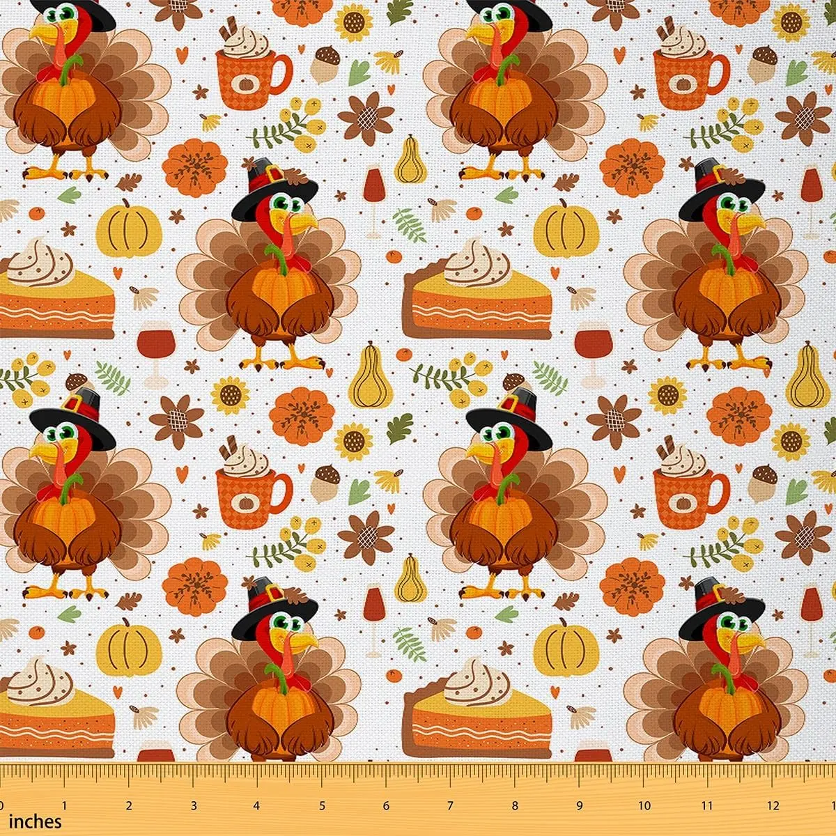 Fall Turkey Fabric By The Yard,Happy Thanksgiving Autumn Harvest Textile Waterproof Fabric,Maple Leaves Cake Upholstery Fabric,Farmhouse Fabric