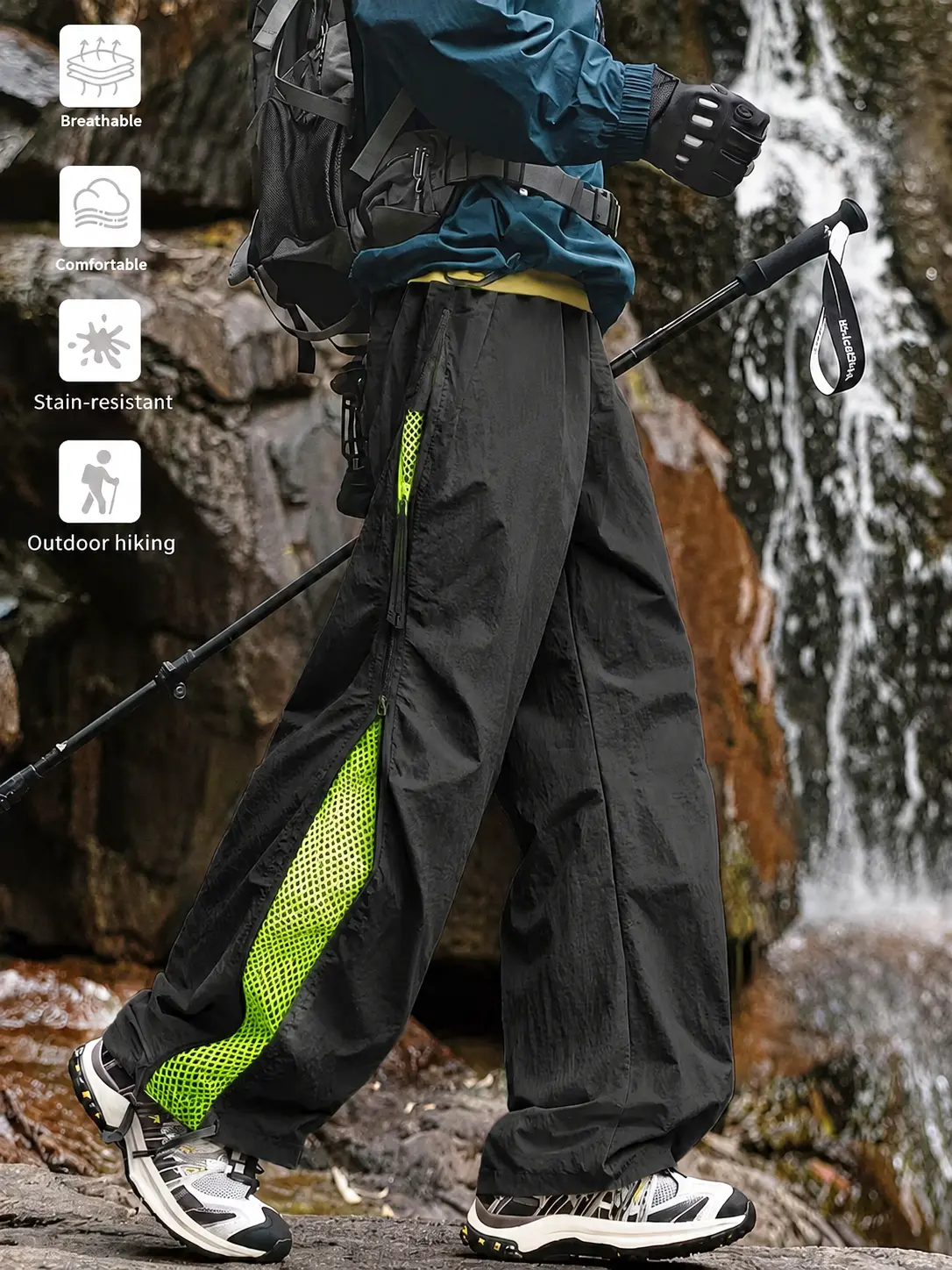 Men's Breathable Outdoor Colorblock Hiking Pants, Lightweight Quick Dry Loose Fit Wide Leg Athletic Trousers with Mesh Panels, Elastic Waist, Zipper Pockets, Water Resistant Trekking Joggers for Camping, Travel, Running and Streetwear, Everyday Activewear