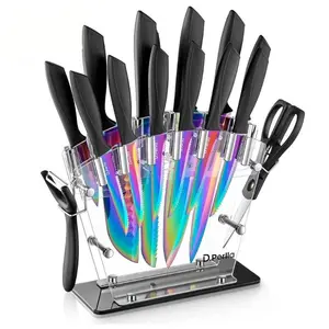 Knife Set, D.Perlla 16 Pieces Black Kitchen Knife Set with Acrylic Stand, High Carbon Stainless Steel, BO Oxidation Knife Block Set, No Rust, Non Slip Handle, Sharp Knife