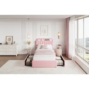 Garvee Twin Size Boucle Fabric Upholstered Bed Frame - Bookcase Headboard, 2 Flexible Drawers, Noise-Free, No Box Spring Needed, Easy Assembly, for Kids