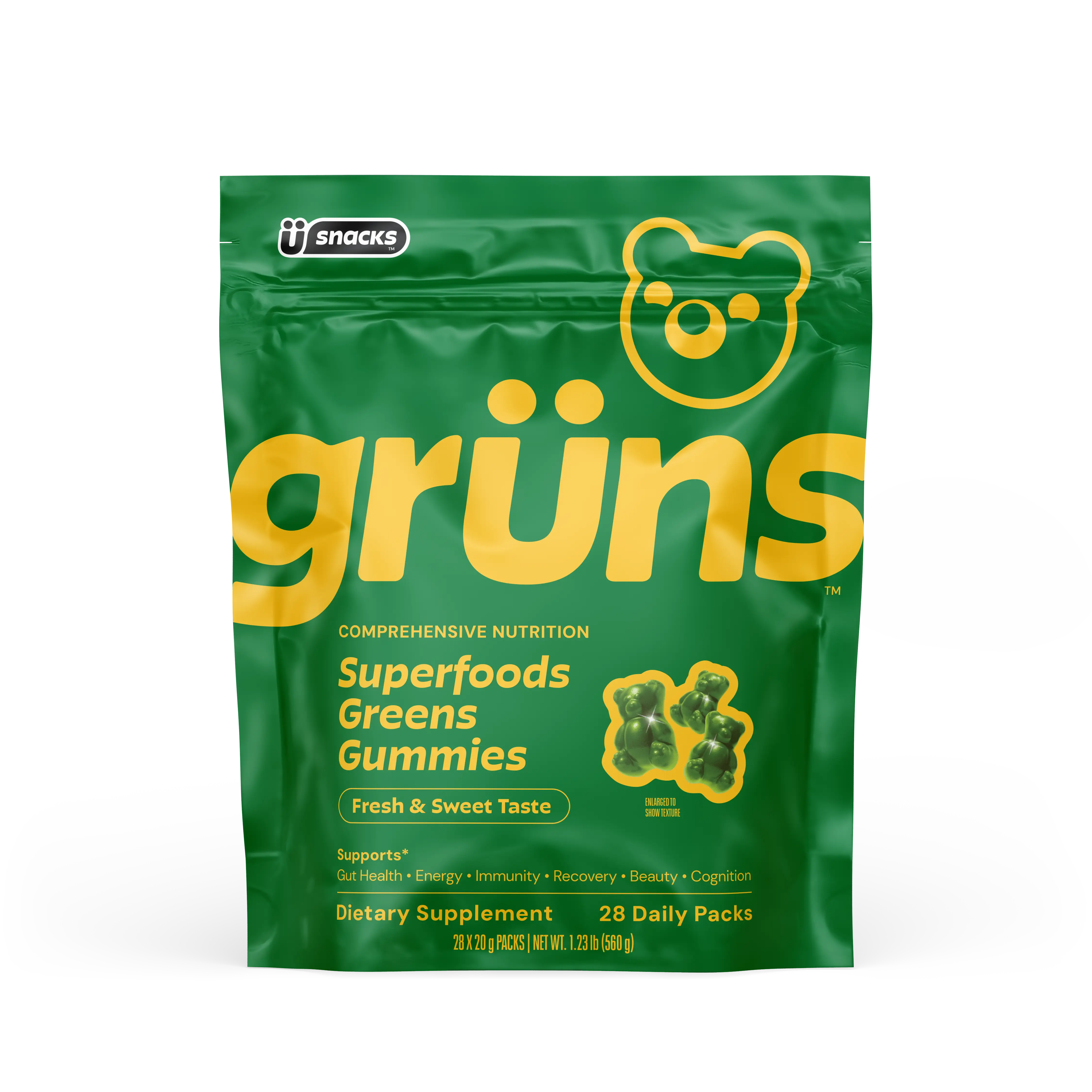 Grüns Superfood Greens Gummies (Sugar-Free): 21+ Vitamins and Minerals, Prebiotics for Digestive Health, Adaptogens. Nutritional Edible Dietary Supplement to Support Fitness