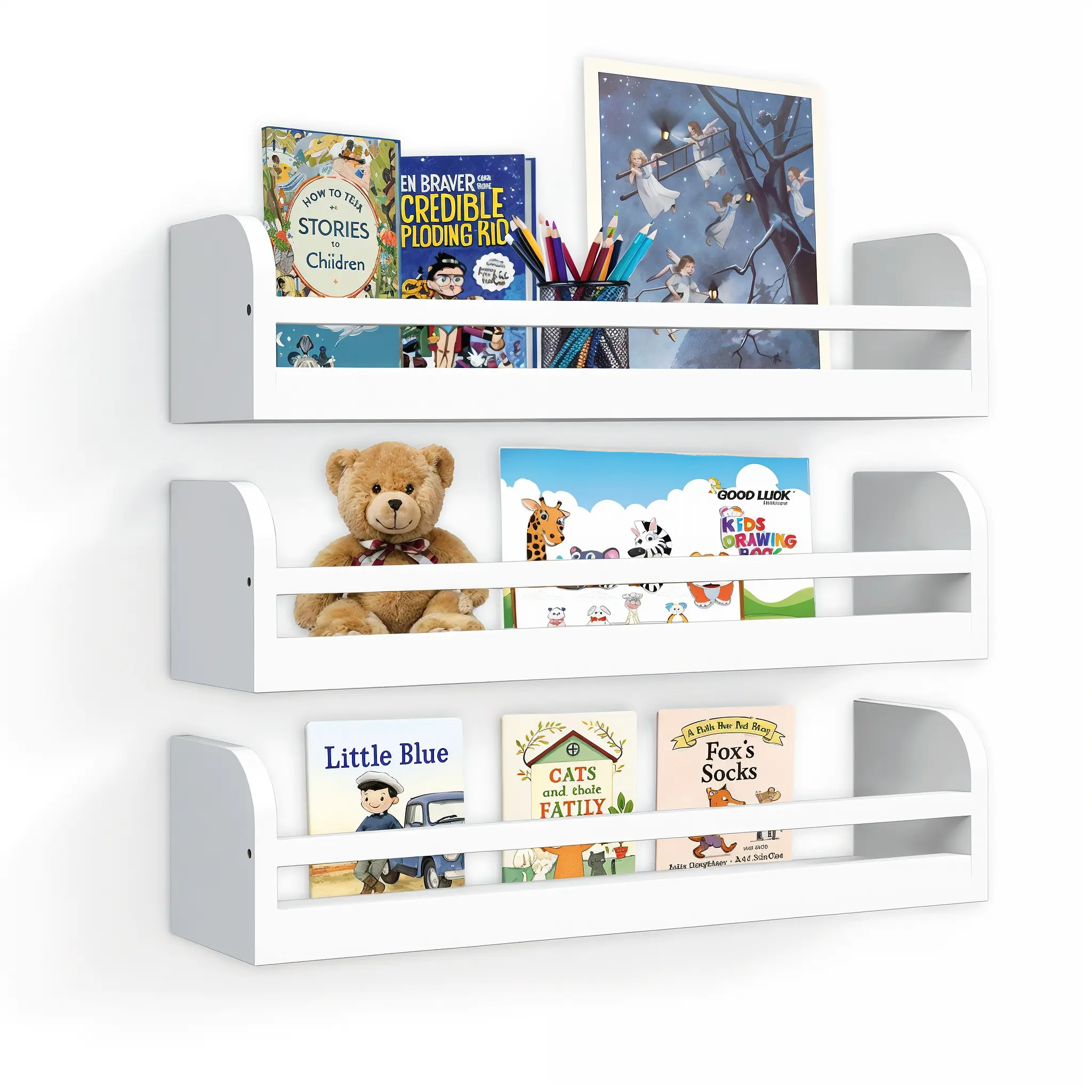 Floating Nursery Book Shelves, 16.5 inch Wall Book Shelves Kids Room, Set of 2 Baby Shelves for Nursery Décor, Ideal Wooden Nursery Shelves for Teens Kids Room, Bedroom Bathroom and Kitchen (White) Wall Mounted Organizer