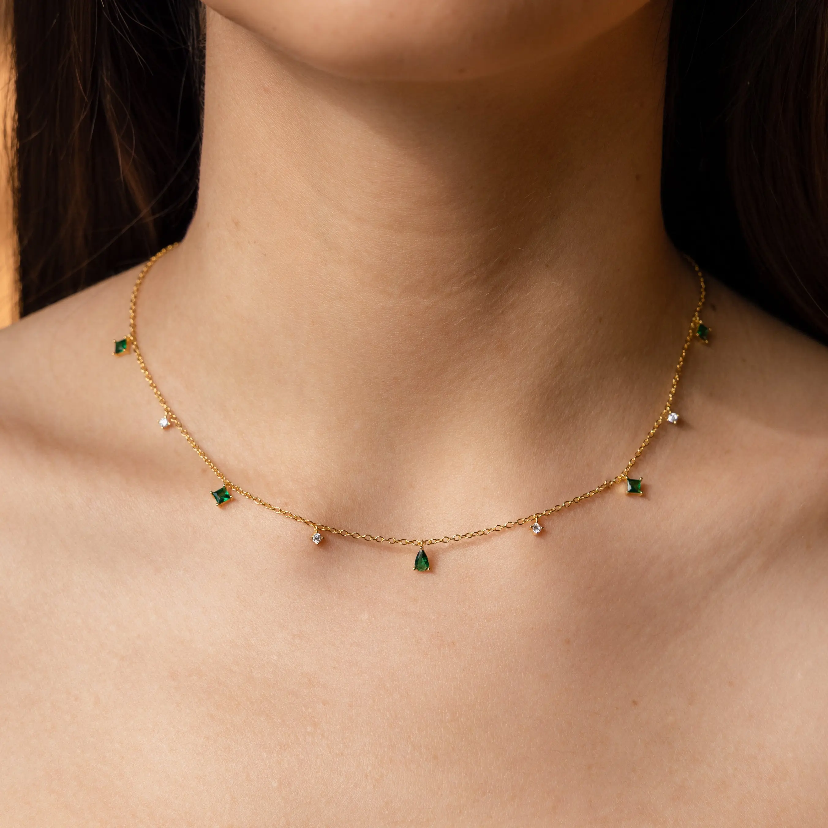 Larissa Emerald Station Necklace by Caitlyn Minimalist - Dainty Green Crystal & Diamond Charm Necklace in Gold & Silver - Emerald Birthstone Jewelry - Gift for Her