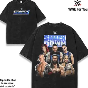 WWE SmackDown Legends Black Soft Seamless Short-Sleeve T-Shirt - Men's Top, Features Roman Reigns & Seth Rollins, 230gsm Washed Heavyweight Cotton, Unisex Streetwear with Power, Attitude, Bold Fan Energy CCU