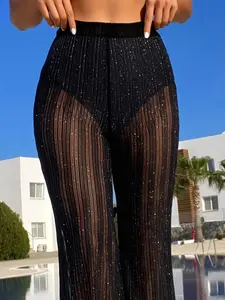 Women's Summer Sexy Fashion Sequin Mesh Wide Leg Pants, Breathable Mesh Fabric, High Waist Design, Perfect for Beach Vacation and Pool Party
