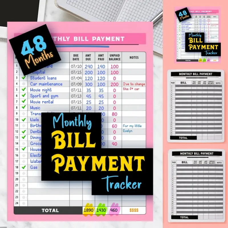 Bill Payment Tracker - Paperback 960 Records for 4 Years, Bank Account Tracking, Debt Payoff Planning & Expense Tracking - Durable Bound Notebook for Monthly Financial Overview & Budgeting daily planner