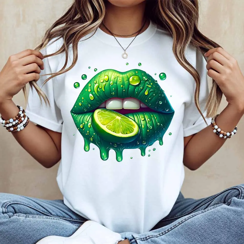 Green Lips With Lime Slice Print T Shirt Women Casual Short Sleeve Top Summer Fashion Trendy Graphic Tee