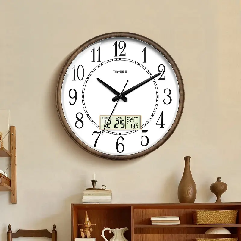 TIMESS 13-In Round Analog Wall Clock - Retro Faux Wood Grain, Large Numbers, Creative Design, Perpetual Calendar Digital Display, Temp + Date Info, Silent Non-Ticking, Alarm, Eye Care, Battery Operated for Living Room, Bedroom