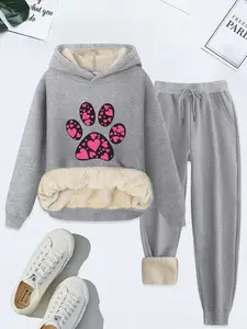 Women's Cartoon Paw Print Hoodie & Drawstring Waist Pants Thermal Lined Two-piece Set, Casual Long Sleeve Hooded Pullover & Pocket Trousers, Women's Fall & Winter Clothes, Casual Loungewear Set
