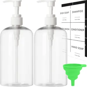 Clear Soap Dispenser Set with Waterproof Labels – Refillable Bottles for Bathroom & Kitchen (Set of 2)