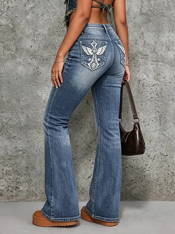 Y2K Vintage Washed Flare Jeans for Women Wing Cross Embroidery Back Pocket Slim Stretch Denim Pants Gothic Western Bootcut Jeans