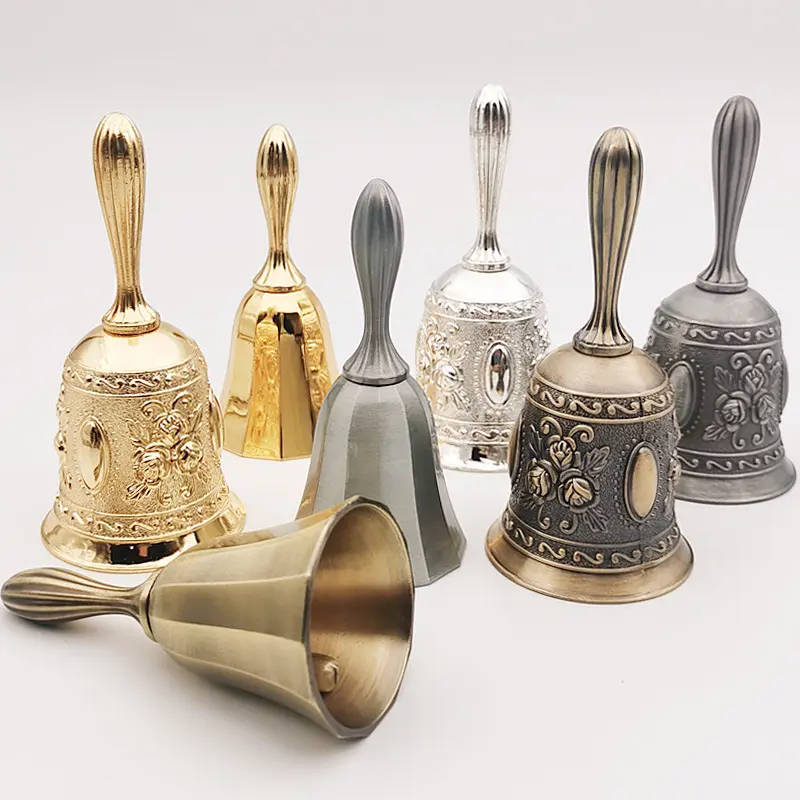 Retro Metal Tone Hand Bell with Ancient Silver Carving - Reusable Handheld Percussion Instrument with Handle, Camping & Hiking Hammock Accessory, School Decorative Doorbell Alarm, All Ages, Hammock Use, School Settings