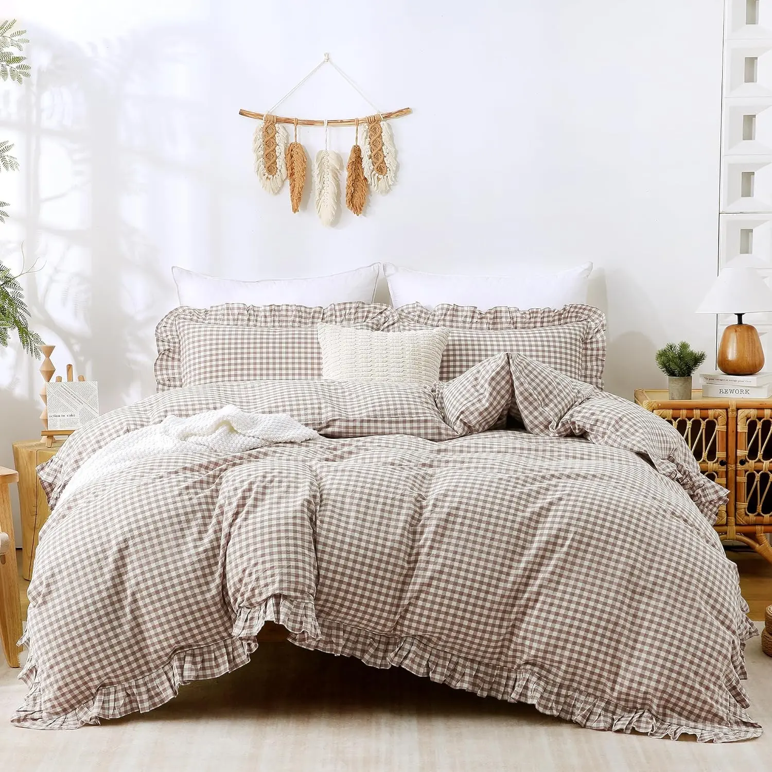 Tan Gingham Duvet Cover Bedding Set  Washed  Like Linen Feel Soft Breathable 3 count Brown Plaid Checkered Cute Ruffle Comforter Cover Set ( 104"x90", No Comforter)