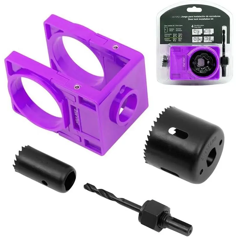 Door Knob Hole  Kit, Deadbolt Installation Kit with Door Knob Jig Kit Door Lock Installation Kit Door Hole Drilling Kit for Wooden Doors (Purple)