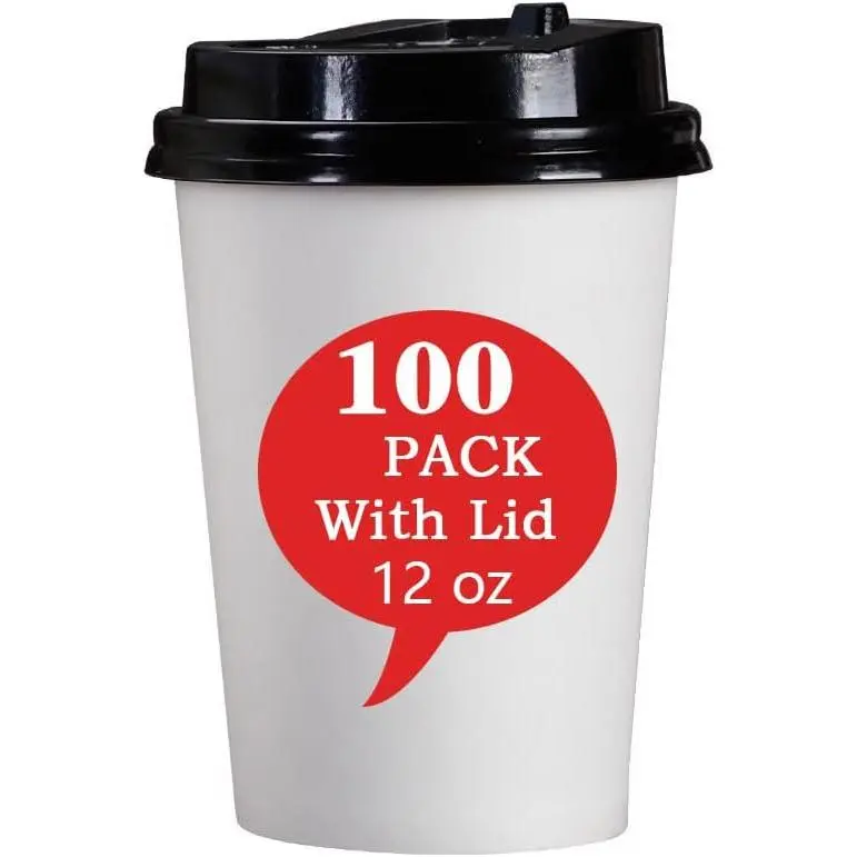 Disposable Coffee Cups with Lids 12 oz (100 Pack), White To Go Paper Coffee Cups for Hot & Cold Beverages, Suitable for Party, Picnic, Travel, and Events