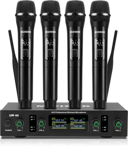 UHF Wireless Microphone Systems, 4 Channels Cordless Handheld Dynamic Karaoke Mic Set, Auto Connect 300ft Range Transmission for Singing, Karaoke, DJ Party, Church, Wedding, PA Speaker